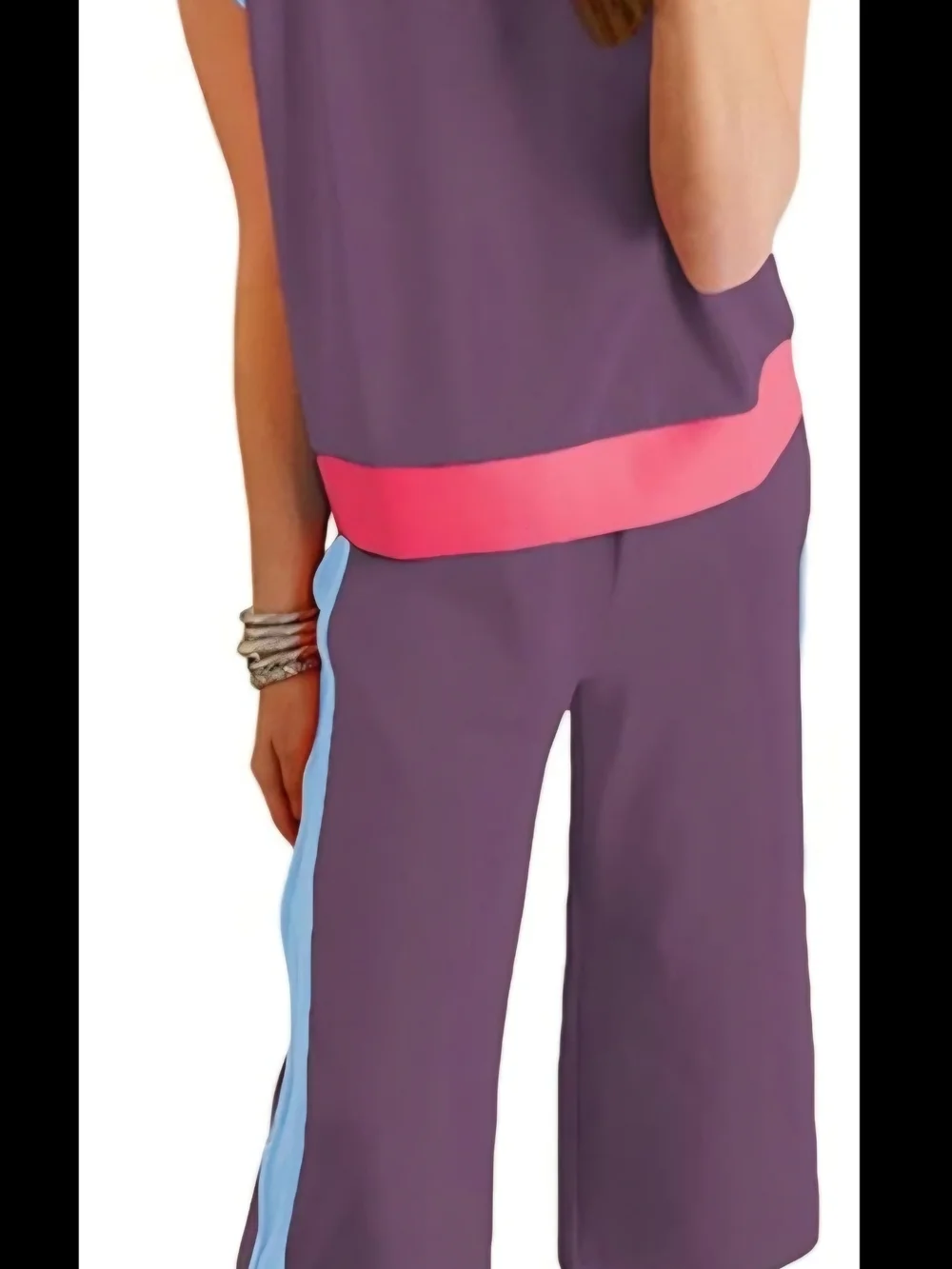 2 Piece 2X Retro Inspired Wide Leg Lounge Set Purple Pink Blue Athleisure